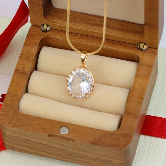 "Oval White Pendant with Crystal Halo in Elegant Rose Gold Plating, XPPT1621 - Picture 8 of 13